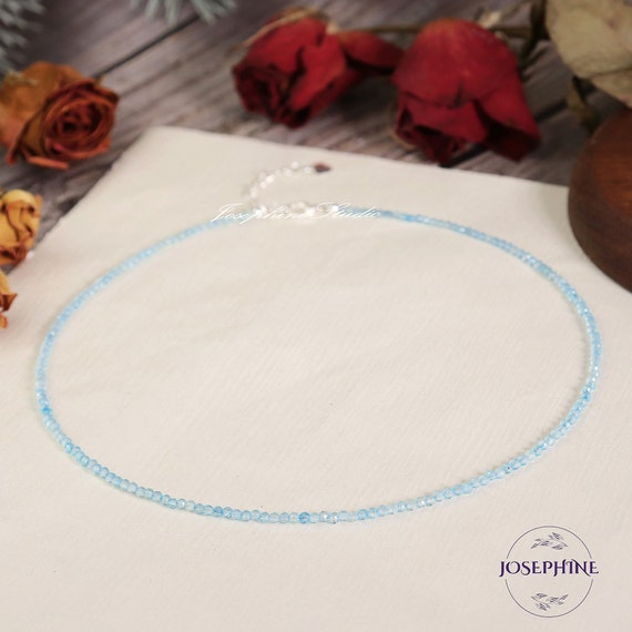 Dainty Natural Blue Topaz Beaded Minimalist Choker, Natural Blue Gemstone 2mm Bead Necklace, Crystal Delicate Choker, Healing Jewelry Gift