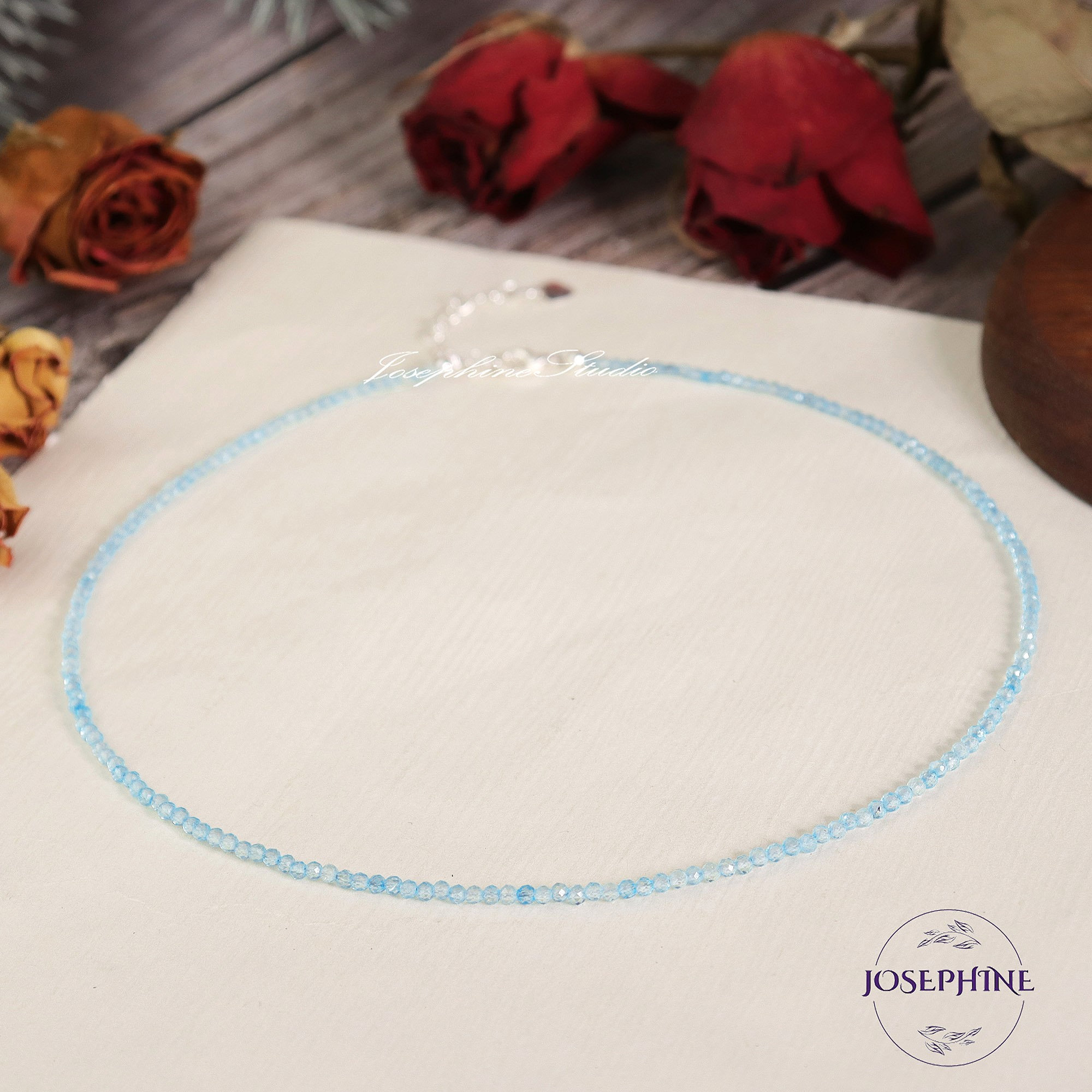 Dainty Natural Blue Topaz Beaded Minimalist Choker, Natural Blue Gemstone 2mm Bead Necklace, Crystal Delicate Choker, Healing Jewelry Gift
