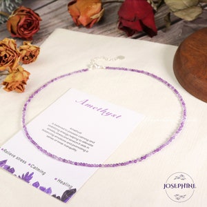 Tiny Amethyst Gemstone Beaded Minimalist Choker, Dainty Gemstone Necklace, Waterproof Purple Crystal Choker, Healing Reiki Choker for Women
