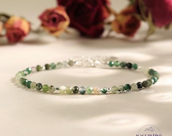 Green Moss Agate Bracelet, 3mm Faceted Small Beads Gemstone Bracelet in Sterling Silver, Healing Meditation Bracelet, Valentine's Day Gifts