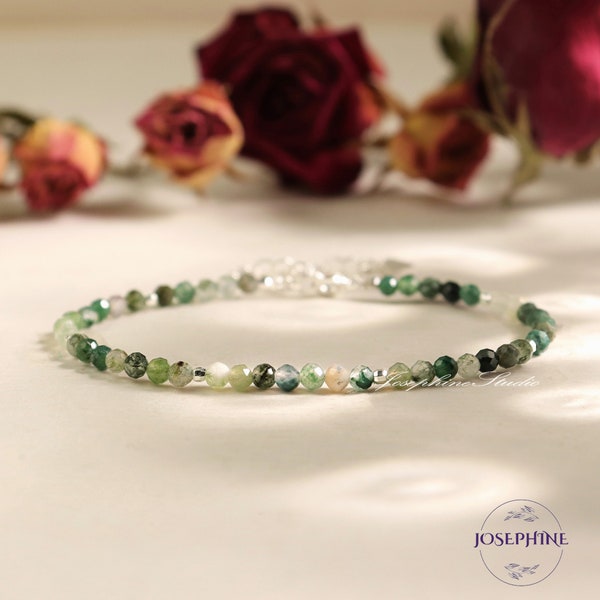 Bracelet en agate mousse verte, bracelet de petites perles facettées de 3 mm en argent sterling, bracelet de méditation curative, cadeaux de Saint-Valentin