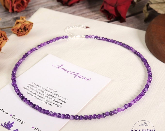 Natural Amethyst 3mm Round Gemstone Beaded Choker, Dainty Gemstone Necklace, Waterproof Crystal Choker, Healing Women Jewelry Gift