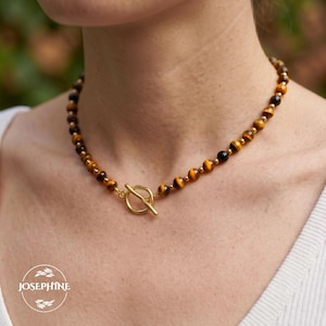 Tiger Eye 6mm Beads Women Necklace,  14K Gold Toggle Clasp Healing Crystal Beaded Choker