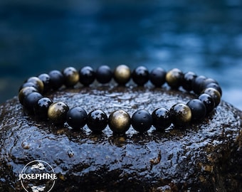 Black Tourmaline, Black Onyx & Gold Sheen Obsidian Beaded Bracelet, Healing Triple Protection, 6.8in/8in for Women Men