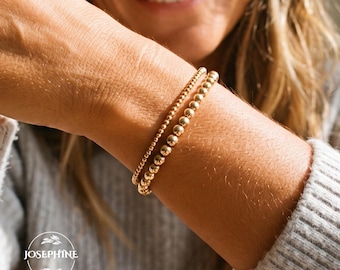 Beaded Ball Chain Bracelet set, 2mm 5mm Round Gold Beads Stretch Bracelet for Women, Christmas Gift