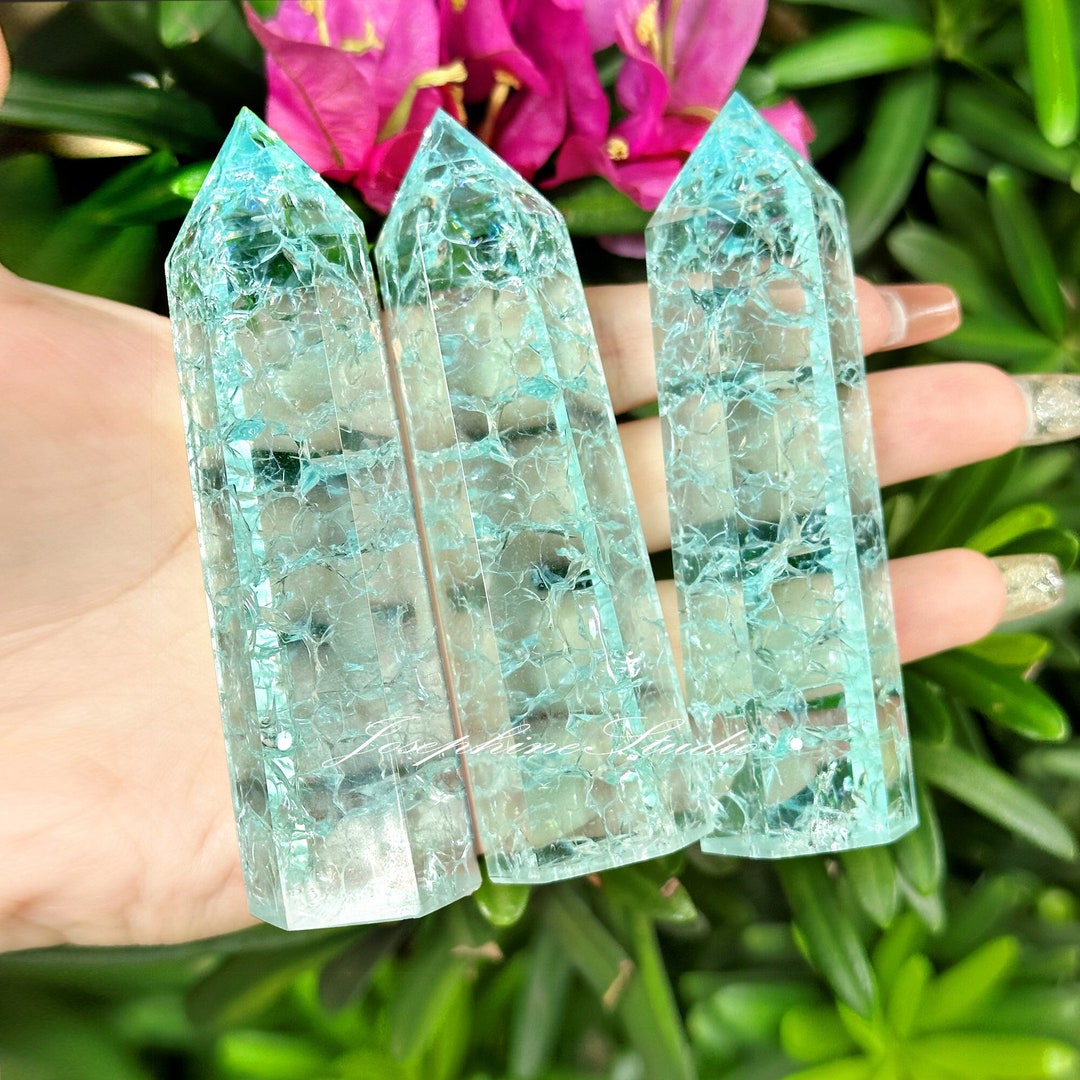 Blue Crackle Quartz Crystal Tower Point, Blue Crystal Healing Obelisk