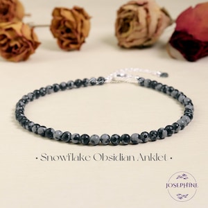 Snowflake Obsidian Anklet,  4mm Round Small Crystal Beads Anklet, Healing Women Men Anklet, Minimalist Dainty Women Bracelet Anklet Gift