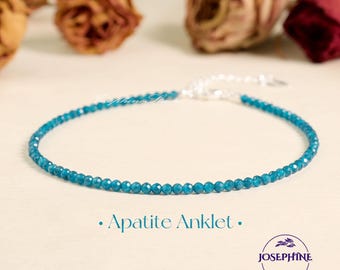 Blue Apatite 2mm Faceted Tiny Crystal Beads Anklet, Minimalist Women Summer Boho Bracelet Anklet, Healing Emotional Balance