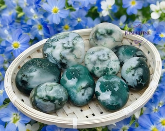 Pierre roulée d'agate mousse verte, Pierre roulée de poche polie de 1,5 po., paume de poche polie, collection de décoration de pierres minérales de cristal d'énergie de guérison