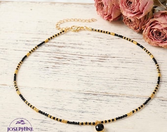 Schwarzer Turmalin 2 mm winzige Perlen-Halsketten-Choker mit quadratischem Turmalin-Anhänger, Heilungs-Schutz-Balance-Halskette für Frauen