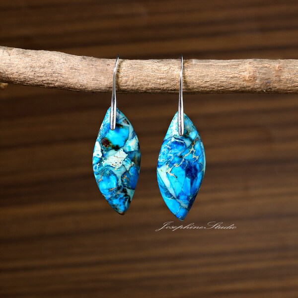 Blue Imperial Jasper Dangle Drop Earrings, Natural Gemstone Crystal Leaf Shape Earrings, Boho Style Bohemian Women Earrings, Gift for her