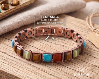 Personalized Copper Magnetic Bracelet, Custom Name Engraving, Genuine Gemstone Inlay Link Bracelet, Healing Jewelry for Women Men