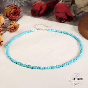 Natural Turquoise 3mm Gemstone Beaded Minimalist Women Choker, Gemstone Dainty Layering Beaded Necklace, Crystal Bohemian Boho Choker, Gifts