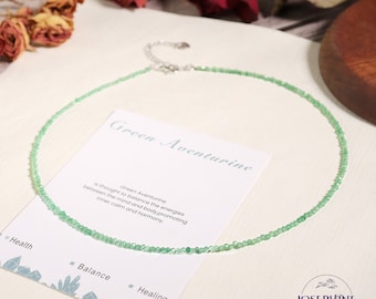 Tiny Green Aventurine Gemstone Beaded Minimalist Choker, Dainty Gemstone Necklace, Waterproof Crystal Choker, Simple Bohemian Choker, gift
