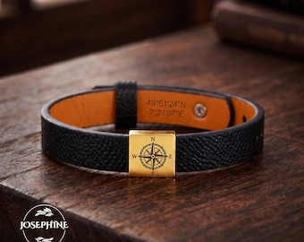 Men's Custom Engrave Leather Bracelet, Personalized Coordinate Bracelet for Men, Anniversary Christmas Birthday Graduation Gift