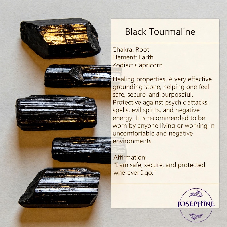 May include: Several pieces of black tourmaline crystals are displayed, showcasing their dark, textured surfaces. A card next to the crystals provides information about the stone's properties, including its grounding and protective qualities. The text also mentions the stone's association with the Root Chakra, Earth element, and Capricorn zodiac sign.