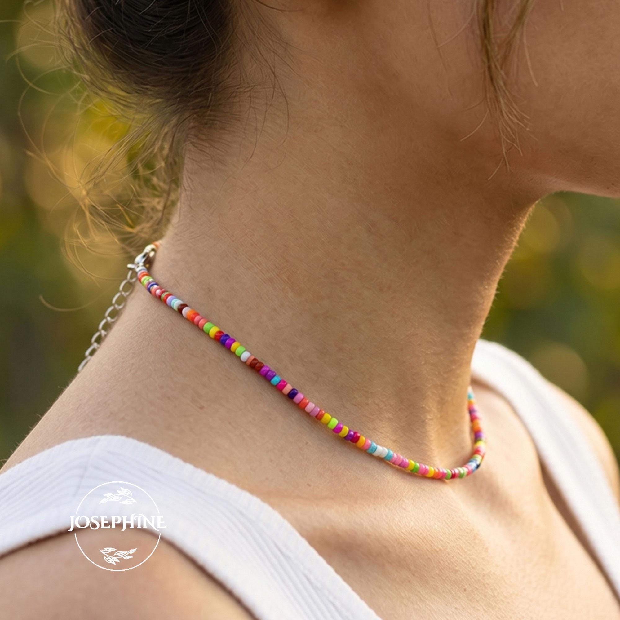 Tiny Waterproof Rainbow Glass Seed Bead Necklace, Dopamine