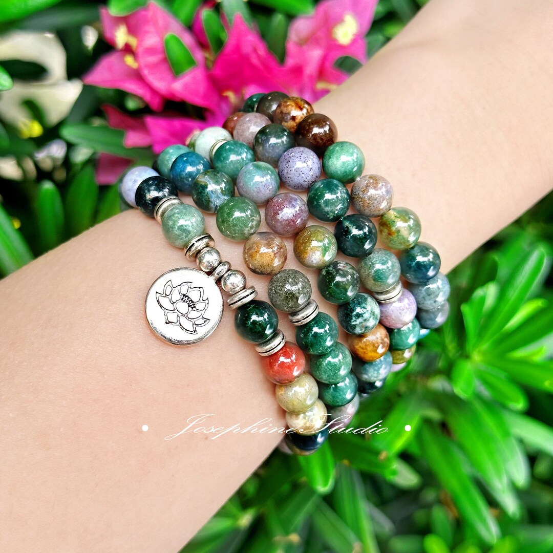 108 Mala Beads Bracelet Indian Agate Stone Bracelethealing Etsy
