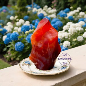 May include: A large, polished, red-orange gemstone sculpture with a textured surface. The stone is displayed on a vintage floral patterned saucer. The background features blue and white hydrangea flowers.