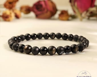 Triple Protection Bracelet, Black Onyx, Black Tourmaline & Gold Sheen Obsidian Beaded Bracelet, 6mm Round Gemstone Bracelet, Healing Jewelry