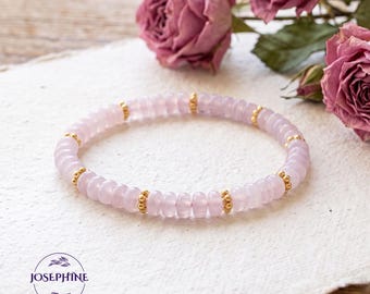 Rose Quartz Rondelle Beads Stretch Bracelet for Women, Healing Heart Chakra Balance Crystal Jewelry