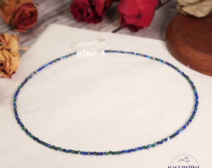 Azurite & Malachite 2mm Faceted Beads Minimalist Women Choker, Gemstone Crystal Dainty Stunning Necklace, Waterproof Crystal Boho Choker