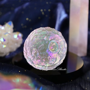 Angel Aura Quartz Full Moon, Hand Carved Crystal Sphere Sculpture, Healing Crystal Housewarming Gift, Crystal Collection, Home Car Decor