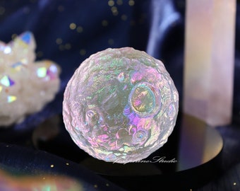 Angel Aura Quartz Full Moon, Hand Carved Crystal Sphere Sculpture, Healing Crystal Housewarming Gift, Crystal Collection, Home Car Decor