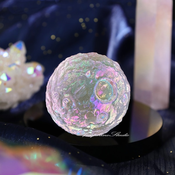 Angel Aura Quartz Full Moon, Hand Carved Crystal Sphere Sculpture, Healing Crystal Housewarming Gift, Crystal Collection, Home Car Decor