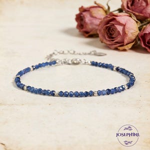 Dainty Natural Sapphire Bracelet, Tiny 2mm Deep Blue-Black Sapphire Gemstones, Sterling Silver, Stacking Bracelet, September Birthstone
