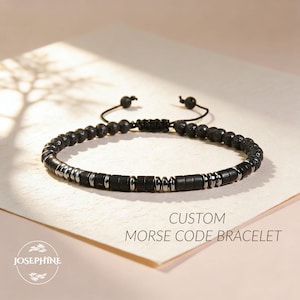 Anpassat svart turmalin morsekodarmband - Hemligt meddelandesmycke, handgjort skyddande stenarmband för män och kvinnor