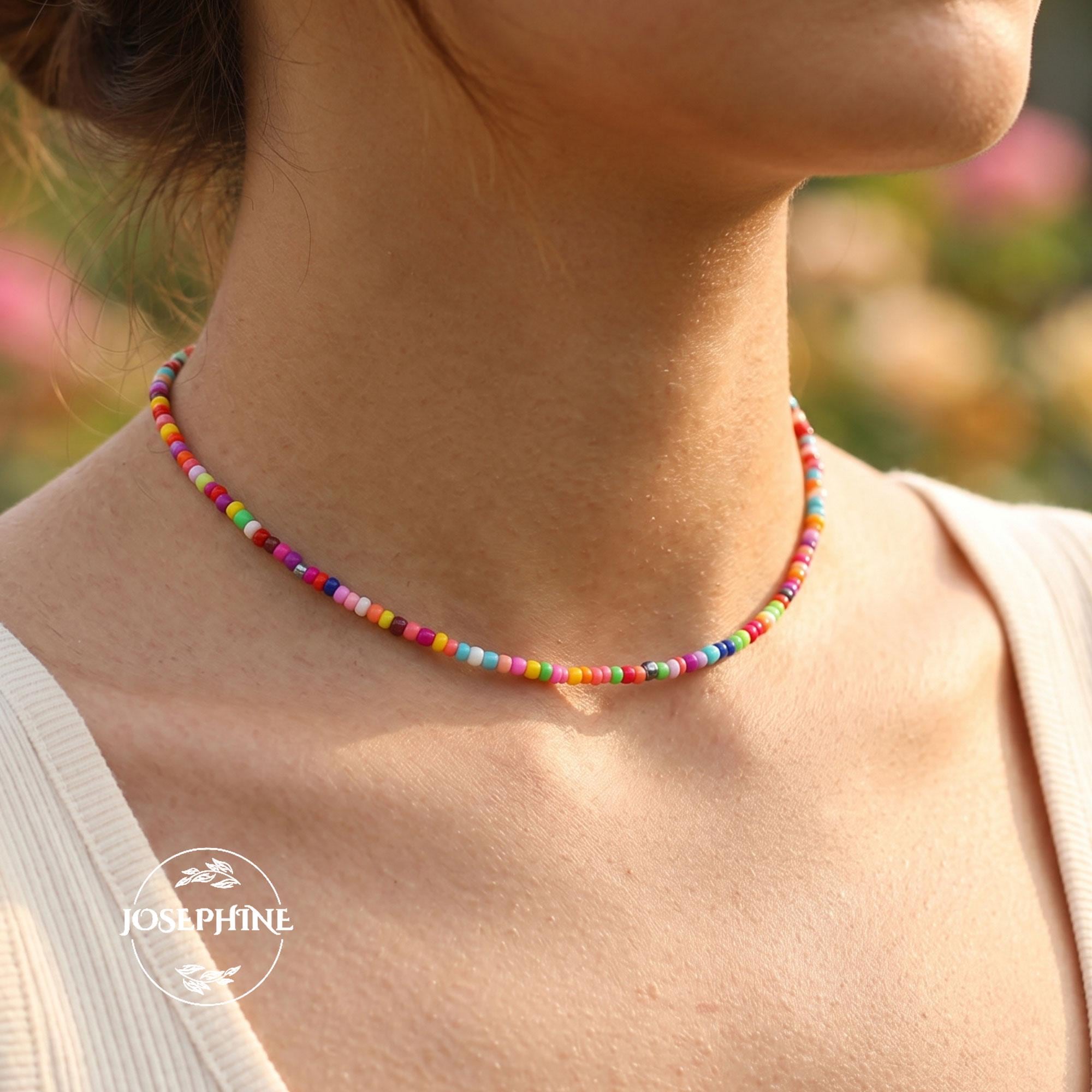 Tiny Waterproof Rainbow Glass Seed Bead Necklace, Dopamine