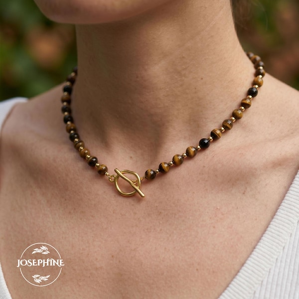 Tigerauge 6mm Perlen-Frauen-Halskette, 14K Gold Knebelverschluss Healing Kristall-Perlen-Choker