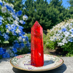 May include: A red crystal point with a white swirl inside, sitting on a white and floral patterned plate. The crystal is on a table with a blurred background of green foliage and blue flowers.