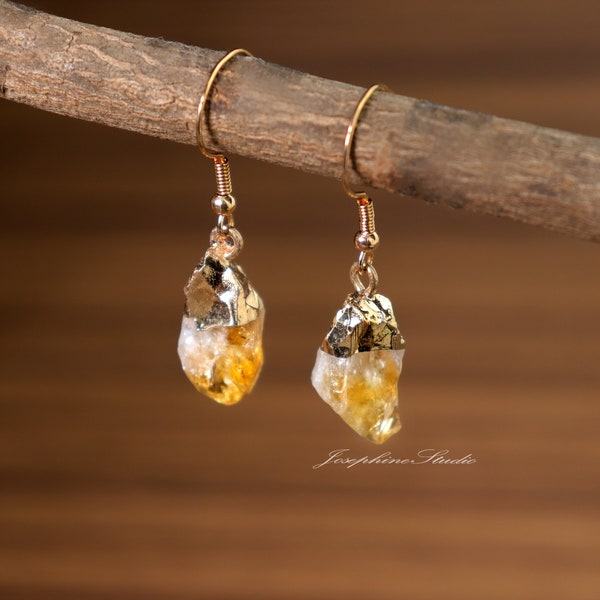 Raw Rough Citrine Statement Earrings, Natural Mineral Rocks Drop Dangle Earring, Healing Reiki Earrings, Gift for wife mother grandmother