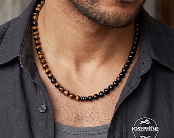 Triple Protection Crystal Healing Necklace for Men, Obsidian Hematite & Tiger Eye Beaded Necklace, Gift for him, 22in
