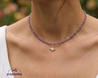 Natural Amethyst Beaded Zircon North Star Pendant Women Necklace Choker, Minimalist Dainty Jewelry, Boho Vintage Style