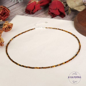 Natural Tiger's Eye Gemstone Beaded Minimalist Choker, Tiger Eye 2mm Tiny Beads Necklace, Waterproof Crystal Choker, Healing Jewelry Gift
