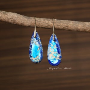 Natural Gemstone Earrings, Blue Imperial Jasper Dangle Drop Earrings, Bohemian Style Retro Earrings, Healing Balance Protection Inner Peace