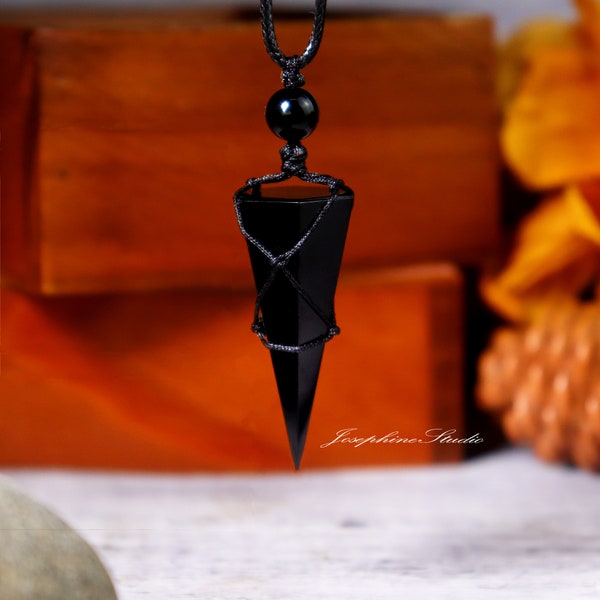Black Obsidian Necklace, Wire Wrapped Hexagonal Point Pendant Necklace, Healing Spiritual Energy Necklace, Christmas gift for Women Men