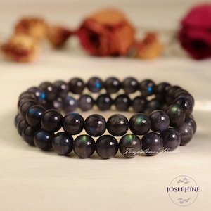 Svart labradorit kattögonarmband, 7 mm runda pärlor stretchigt armband, helande meditation Reiki chakraarmband, lyckans sten, present till henne