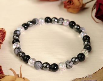 Triple Protection Bracelet, Obsidian, Hematite & Snowflake Obsidian Combo 6 mm Round Healing Crystals, Stretch Bracelet, Gemstone Bracelet
