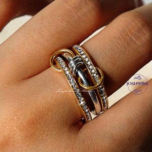 14K Gold Multi Link Connected Ring, Stackable Band, Eternity Statement Ring , Gold Interlocking Zircon Ring, Double CZ Ring, Size US 7-8
