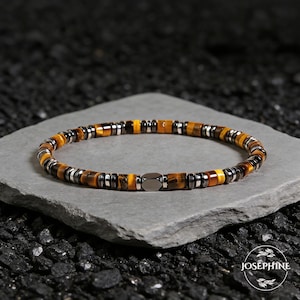 Men's Gemstone Stretch Bracelet, Natural Tiger's Eye & Hematite 4mm Beads, Healing Protection Strength Lucky Bracelet for Men Women