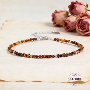 Tigers Eye Dainty Gemstone Healing Bracelet Gift, Tiny Brown & Yellow Gemstone Beads, Skinny Stacking Bracelet, 925 Sterling Silver Bracelet