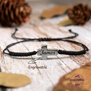 Natural Hematite Cross Charm String Black Rope Bracelet, Waterproof Surfer Bracelet Anklet for Women Men, Dainty Cross Religious Jewelry