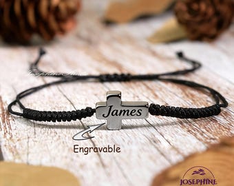 Engravable Hematite Cross Charm Bracelet, Black Cord, Waterproof Religious Jewelry