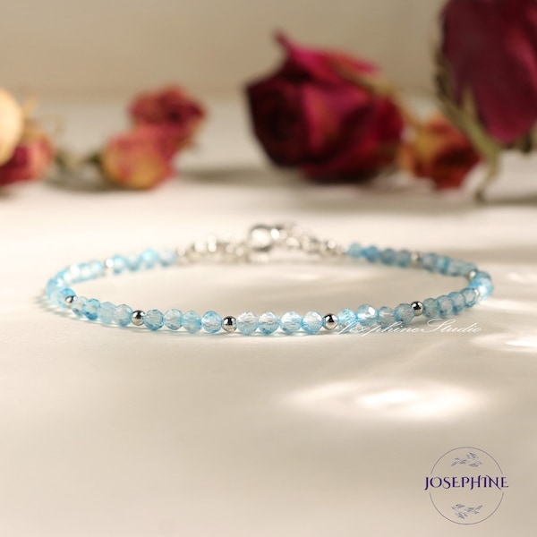 Dainty Blue Topaz Gemstone Bracelet, Genuine Topaz Gemstone Bracelet for Women Sterling Silver Filled, December Birthstone Birthday Gift