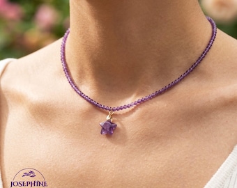 Collar gargantilla para mujer con colgante de estrella de cuentas de amatista auténtica de 2 mm, joyería minimalista y delicada, estilo bohemio.