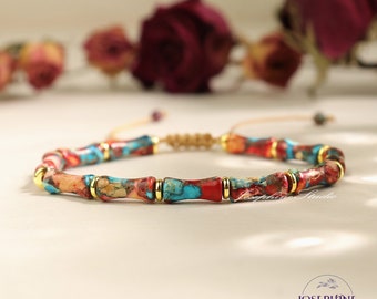 Sea Sediment Jasper Bracelet, Bamboo Shaped Beads Bracelet, Vintage Handmade Woven Bracelet, Healing Inner Peace Balance Bracelet for Women